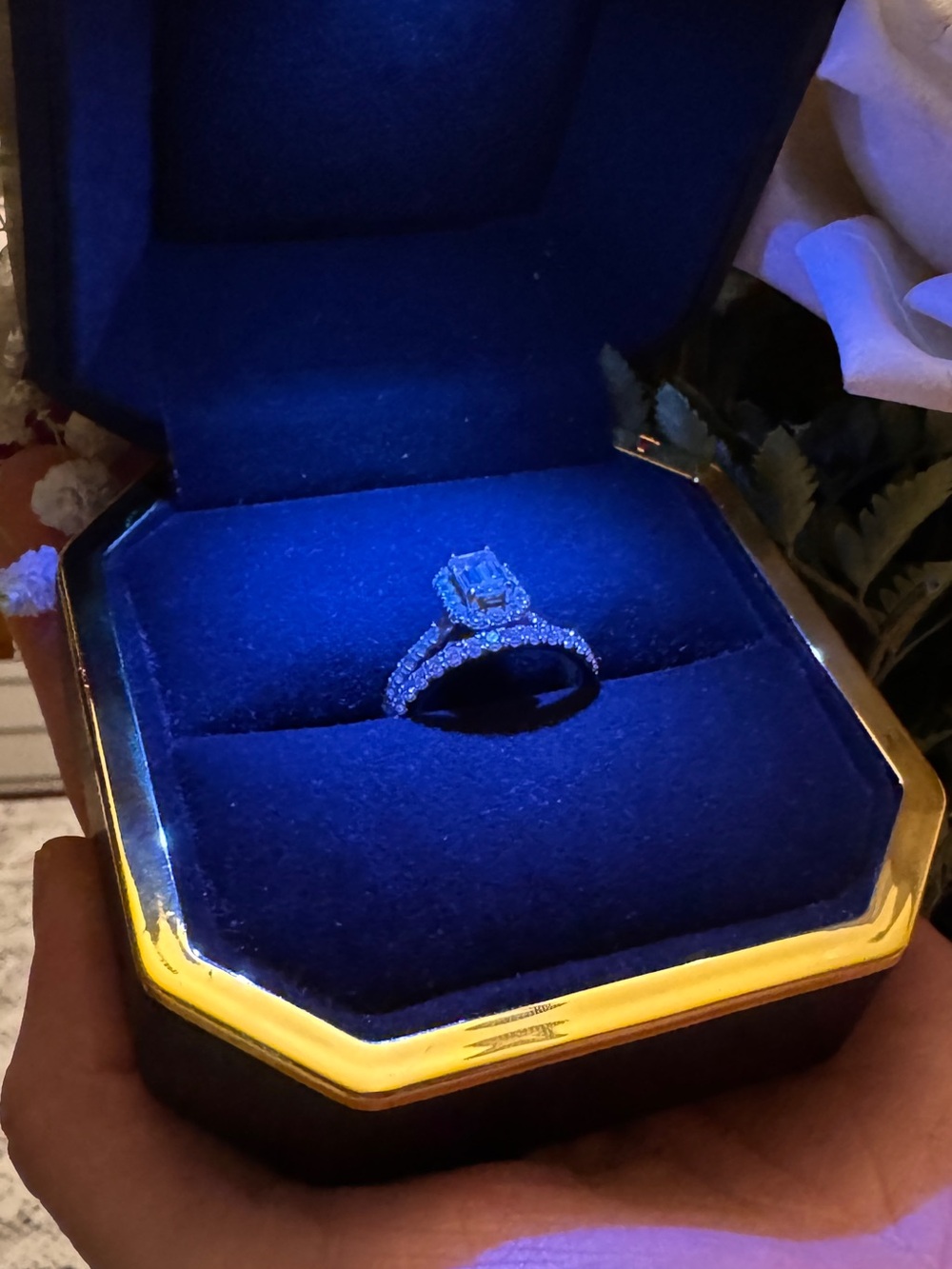 Lab Grown Emerald Cut Diamond Halo Bridal Set + Wedding Band